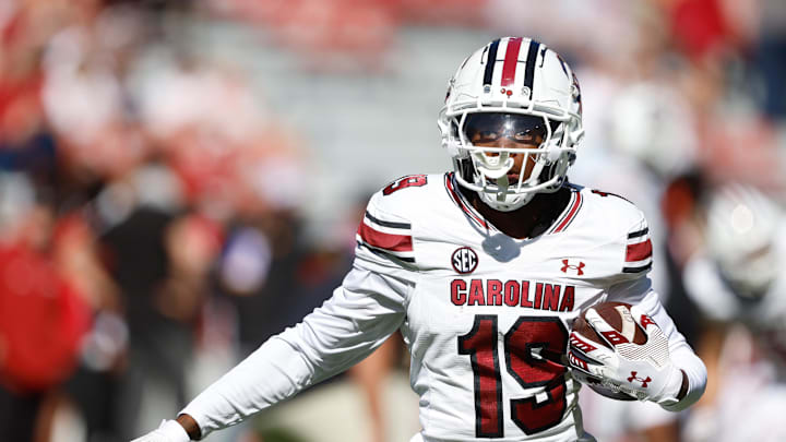 Oct 12, 2024; Tuscaloosa, Alabama, USA;  South Carolina Gamecocks wide receiver Vandrevius Jacobs (19) during warm ups at Bryant-Denny Stadium. Mandatory Credit: Butch Dill-Imagn Images