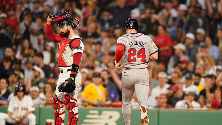 Jun 4, 2024; Boston, Massachusetts, USA; Atlanta Braves left fielder Jarred Kelenic (24) scores against the Boston Red Sox in the fourth inning at Fenway Park. Mandatory Credit: David Butler II-USA TODAY Sports Jun 4, 2024; Boston, Massachusetts, USA; Atlanta Braves left fielder Jarred Kelenic (24) scores against the Boston Red Sox in the fourth inning at Fenway Park. Mandatory Credit: David Butler II-USA TODAY Sports