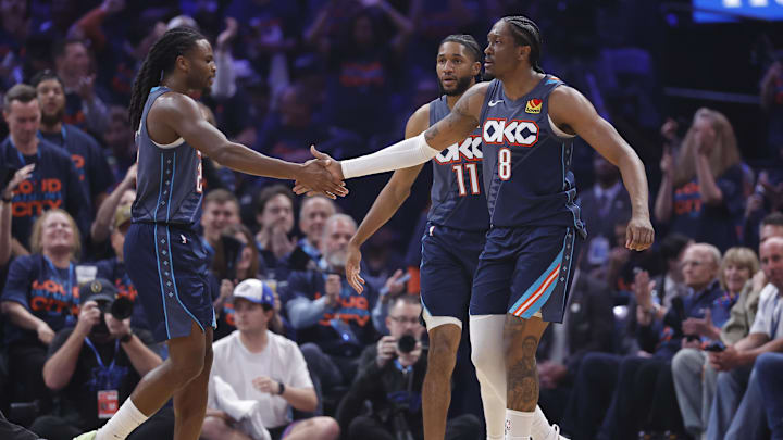 Apr 22, 2026; Oklahoma City, Oklahoma, USA; Oklahoma City Thunder guard Jalen Williams (8) celebrates with Oklahoma City Thunder guard Cason Wallace (22) after a basket against the Phoenix Suns in the first half during game two of the first round of the 2026 NBA Playoffs at Paycom Center. Mandatory Credit: Alonzo Adams-Imagn Images