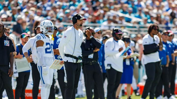 Oct 15, 2023; Jacksonville, Florida, USA; Indianapolis Colts head coach Shane Steichen against the Jacksonville Jaguars during the first quarter at EverBank Stadium. Mandatory Credit: Morgan Tencza-Imagn Images