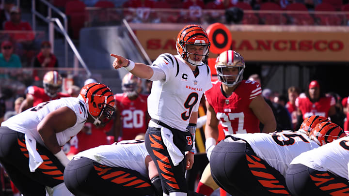 Oct 29, 2023; Santa Clara, California, USA; Cincinnati Bengals quarterback Joe Burrow (9) calls out before a play against the San Francisco 49ers during the first quarter at Levi's Stadium. Mandatory Credit: Kelley L Cox-Imagn Images