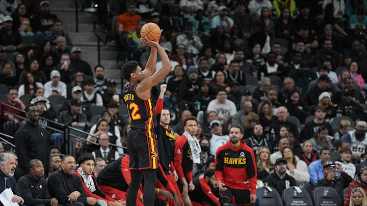 Dec 19, 2024; San Antonio, Texas, USA;  Atlanta Hawks forward De'Andre Hunter (12) shoots in the first half against the San Antonio Spurs at Frost Bank Center. Mandatory Credit: Daniel Dunn-Imagn Images