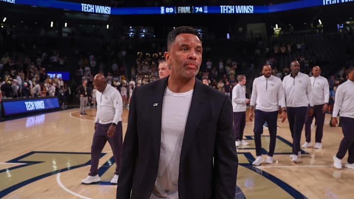 Mar 4, 2025; Atlanta, Georgia, USA; Georgia Tech Yellow Jackets head coach Damon Stoudamire after a victory over against the Miami Hurricanes in the second half at McCamish Pavilion. Mandatory Credit: Brett Davis-Imagn Images