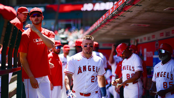 Apr 6, 2025; Anaheim, California, USA; Los Angeles Angels designated hitter Mike Trout (27) before playing against the Cleveland Guardians at Angel Stadium. Mandatory Credit: Gary A. Vasquez-Imagn Images