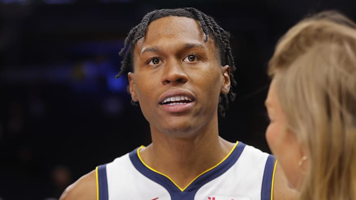Oct 27, 2025; Minneapolis, Minnesota, USA; Denver Nuggets forward Peyton Watson (8) answers questions during an interview after the game with the Minnesota Timberwolves at Target Center.