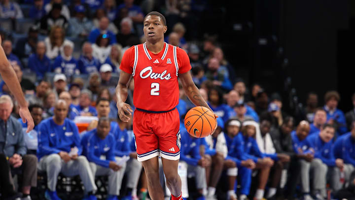 Feb 23, 2025; Memphis, Tennessee, USA; Florida Atlantic Owls guard Leland Walker (2) dribbles against the Memphis Tigers during the second half at FedExForum. Mandatory Credit: Wesley Hale-Imagn Images