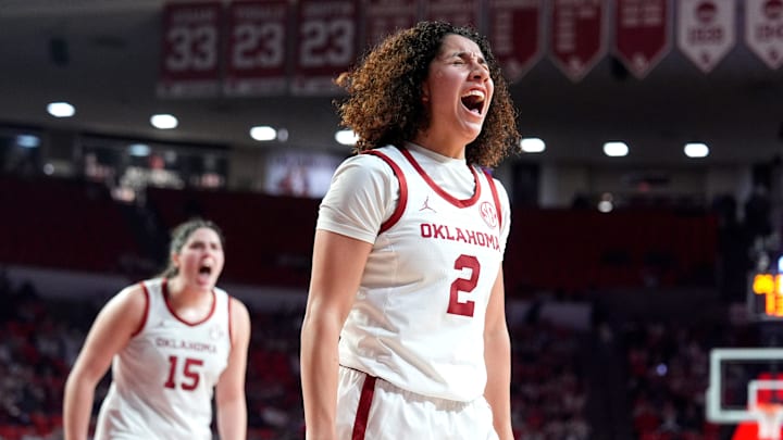 Aaliyah Chavez (2) cheers after a basket and foul during the women's college basketball game between the Oklahoma Sooners and the South Carolina at the Lloyd Noble Center in Norman, Okla., Thursday Jan. 22, 2026.