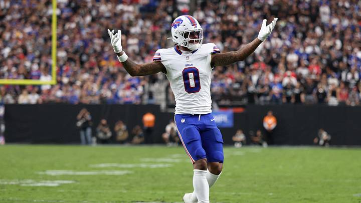Oct 18, 2026; Paradise, Nevada, USA;  Buffalo Bills wide receiver Keon Coleman (0) reacts in the fourth quarter against the Las Vegas Raiders at Allegiant Stadium.