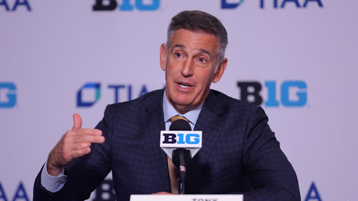 Oct 2, 2024; Rosemont, IL, USA; Big Ten commissioner Tony Petitti speaks with the media during the 2024 Big Ten Womenís Basketball media day at Donald E. Stephens Convention Center. Mandatory Credit: Melissa Tamez-Imagn Images