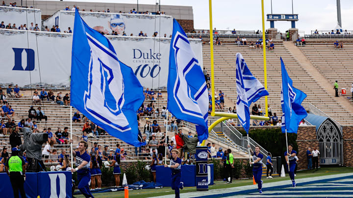 Sep 14, 2024; Durham, North Carolina, USA; Duke football cheerleaders during the first half of the game against Connecticut at Wallace Wade Stadium.