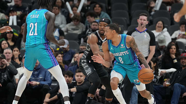 Jan 12, 2024; San Antonio, Texas, USA;  Charlotte Hornets guard Nick Smith Jr. (8) dribbles