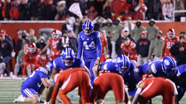 Nov 9, 2024; Salt Lake City, Utah, USA; Brigham Young Cougars place kicker Will Ferrin (44) kicks a field goal to take the lead over the Utah Utes during the last seconds of the game at Rice-Eccles Stadium. Mandatory Credit: Rob Gray-Imagn Images Nov 9, 2024; Salt Lake City, Utah, USA; Brigham Young Cougars place kicker Will Ferrin (44) kicks a field goal to take the lead over the Utah Utes during the last seconds of the game at Rice-Eccles Stadium. Mandatory Credit: Rob Gray-Imagn Images
