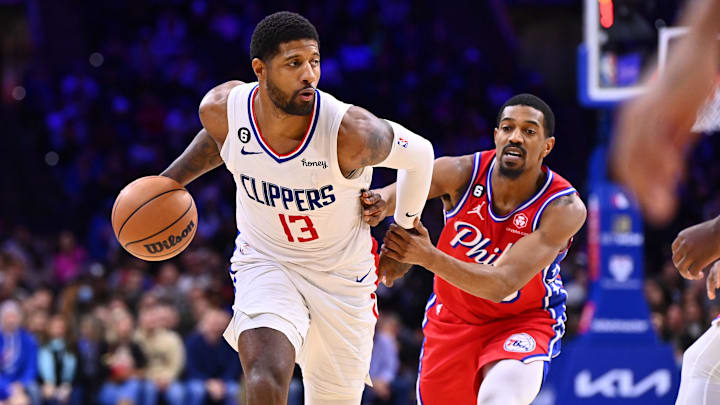 Dec 23, 2022; Philadelphia, Pennsylvania, USA; Los Angeles Clippers forward Paul George (13) drives Dec 23, 2022; Philadelphia, Pennsylvania, USA; Los Angeles Clippers forward Paul George (13) drives