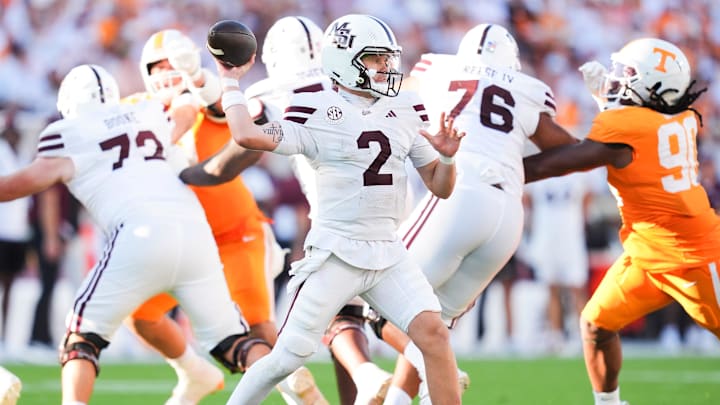 Mississippi State quarterback Blake Shapen (2) during a college football game between Tennessee and Mississippi State at Davis Wade Stadium in Starkville, Miss., on Sept. 27, 2025.