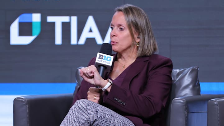 Oct 2, 2024; Rosemont, IL, USA; Minnesota head coach Dawn Plitzuweit speaks during the 2024 Big Ten Womenís Basketball media day at Donald E. Stephens Convention Center. Mandatory Credit: Melissa Tamez-Imagn Images