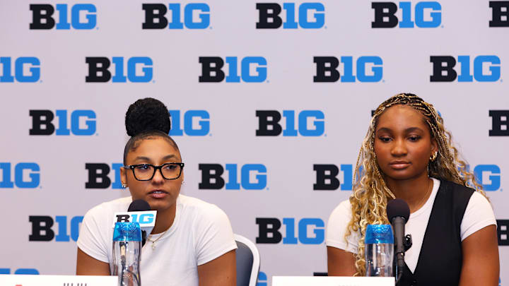 Oct 2, 2024; Rosemont, IL, USA; USC guard JuJu Watkins and USC forward Kiki Iriafen take a question at the podium during the 2024 Big Ten Womenís Basketball media day at Donald E. Stephens Convention Center. Mandatory Credit: Melissa Tamez-Imagn Images