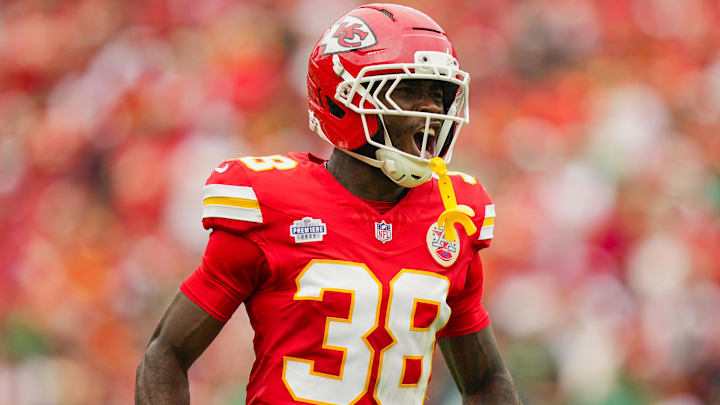 Sep 14, 2025; Kansas City, Missouri, USA; Kansas City Chiefs cornerback Kevin Knowles (38) celebrates after a play during the first half against the Philadelphia Eagles at GEHA Field at Arrowhead Stadium. Mandatory Credit: Jay Biggerstaff-Imagn Images Sep 14, 2025; Kansas City, Missouri, USA; Kansas City Chiefs cornerback Kevin Knowles (38) celebrates after a play during the first half against the Philadelphia Eagles at GEHA Field at Arrowhead Stadium. Mandatory Credit: Jay Biggerstaff-Imagn Images