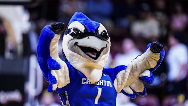 Mar 8, 2026; Uncasville, CT, USA; The Creighton Bluejays mascot on the court against the UConn Huskies in the second half at Mohegan Sun Arena. Mandatory Credit: David Butler II-Imagn Images