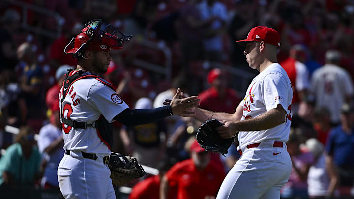 Aug 22, 2024; St. Louis, Missouri, USA; St. Louis Cardinals relief pitcher Ryan Helsley (56) celebrates with catcher Willson Contreras (40) after the Cardinals defeated the Milwaukee Brewers at Busch Stadium. Mandatory Credit: Jeff Curry-Imagn Images Aug 22, 2024; St. Louis, Missouri, USA; St. Louis Cardinals relief pitcher Ryan Helsley (56) celebrates with catcher Willson Contreras (40) after the Cardinals defeated the Milwaukee Brewers at Busch Stadium. Mandatory Credit: Jeff Curry-Imagn Images