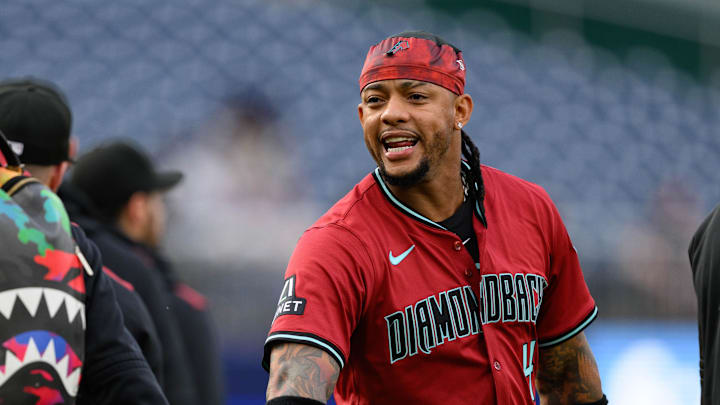 Apr 4, 2025; Washington, District of Columbia, USA; Arizona Diamondbacks second base Ketel Marte (4) warms up prior to a game against the Washington Nationals at Nationals Park. Mandatory Credit: Reggie Hildred-Imagn Images