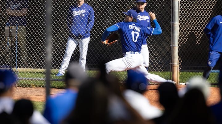 Feb 25, 2025; Phoenix, Arizona, USA; Los Angeles Dodgers pitcher Shohei Ohtani (17) during workouts at Camelback Ranch-Glendale. Mandatory Credit: Mark J. Rebilas-Imagn Images