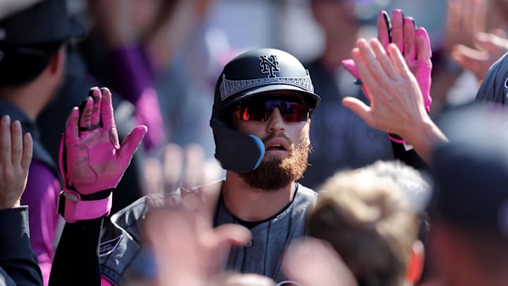 Jul 5, 2025; New York City, New York, USA; New York Mets left fielder Brandon Nimmo (9) celebrates his grand slam against the New York Yankees with teammates in the dugout during the first inning at Citi Field. Mandatory Credit: Brad Penner-Imagn Images Jul 5, 2025; New York City, New York, USA; New York Mets left fielder Brandon Nimmo (9) celebrates his grand slam against the New York Yankees with teammates in the dugout during the first inning at Citi Field. Mandatory Credit: Brad Penner-Imagn Images