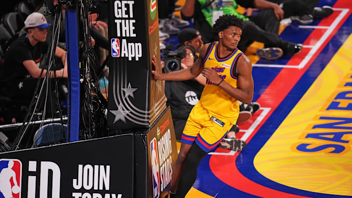 Feb 14, 2025; San Francisco, California, USA; Team M guard Amen Thompson (1) of the Houston Rockets during the 2025 NBA Rising Stars Game at Chase Center. Mandatory Credit: Cary Edmondson-Imagn Images