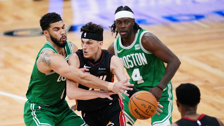 Apr 24, 2024; Boston, Massachusetts, USA; Miami Heat guard Tyler Herro (14) drivers the ball against the Boston Celtics - David Butler II/USA TODAY Sports