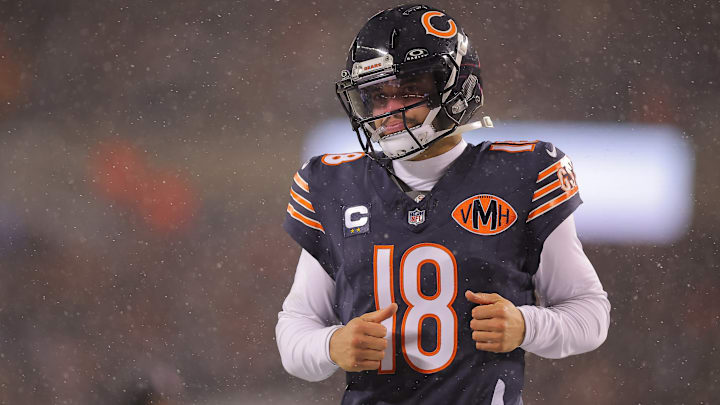 Caleb Williams threw an interception in overtime during the Bears’ playoff loss to the Rams.