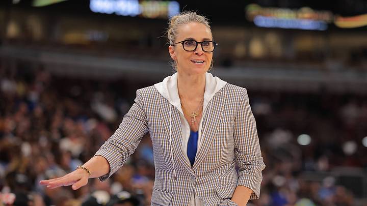 Becky Hammon coaches the Las Vegas Aces during a game. Becky Hammon coaches the Las Vegas Aces during a game.