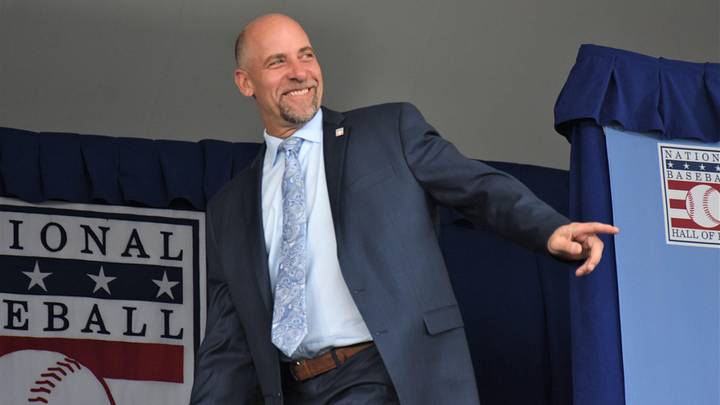 John Smoltz acknowledges the crowd during the introduction of returning inductees at the National Baseball Hall of Fame's 2024 induction ceremony Sunday, July 21, 2024, at the Clark Sports Center in Cooperstown, New York. John Smoltz acknowledges the crowd during the introduction of returning inductees at the National Baseball Hall of Fame's 2024 induction ceremony Sunday, July 21, 2024, at the Clark Sports Center in Cooperstown, New York.