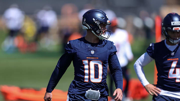 May 23, 2024; Englewood, CO, USA; Denver Broncos quarterback Bo Nix (10) during organized team activities at Centura Health Training Center. Mandatory Credit: Isaiah J. Downing-USA TODAY Sports