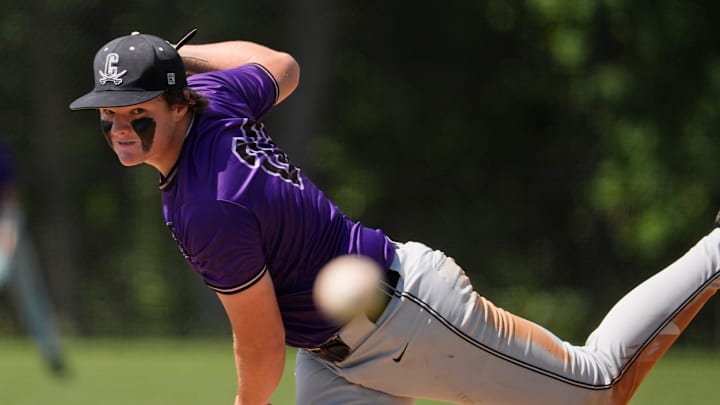 Calvary Day’s Quinn Johnson (23) throws a pitch during a GHSA private semifinal baseball game against Calvary Day in Bogart, Ga., on Tuesday, May 13, 2025.