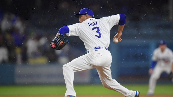 Mar 31, 2026; Los Angeles, California, USA; Los Angeles Dodgers pitcher Edwin Diaz (3) throws against the Cleveland Guardians during the ninth inning at Dodger Stadium. Mandatory Credit: Gary A. Vasquez-Imagn Images