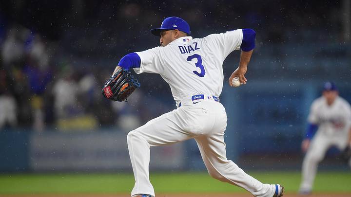 Mar 31, 2026; Los Angeles, California, USA; Los Angeles Dodgers pitcher Edwin Diaz (3) throws against the Cleveland Guardians during the ninth inning at Dodger Stadium. Mandatory Credit: Gary A. Vasquez-Imagn Images Mar 31, 2026; Los Angeles, California, USA; Los Angeles Dodgers pitcher Edwin Diaz (3) throws against the Cleveland Guardians during the ninth inning at Dodger Stadium. Mandatory Credit: Gary A. Vasquez-Imagn Images
