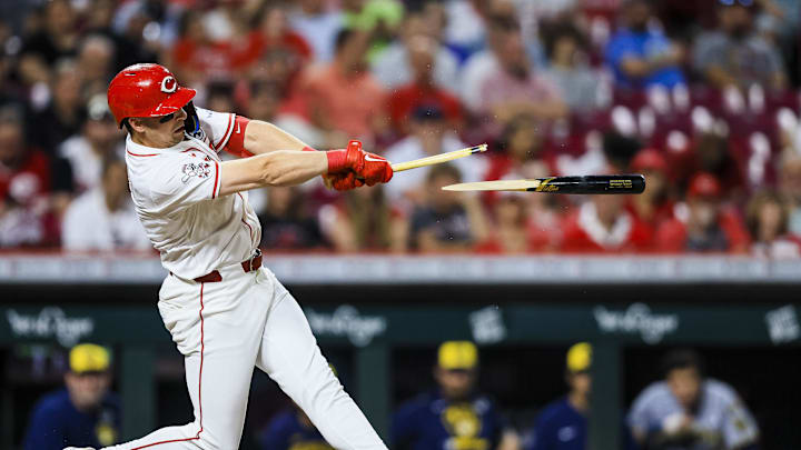 Jun 2, 2025; Cincinnati, Ohio, USA; Cincinnati Reds first baseman Spencer Steer (7) breaks his bat on a pop up in the eighth inning against the Milwaukee Brewers at Great American Ball Park. Mandatory Credit: Katie Stratman-Imagn Images