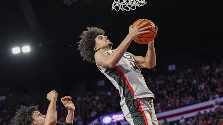 Mar 8, 2025; Athens, Georgia, USA; Georgia Bulldogs forward Asa Newell (14) controls a rebound against the Vanderbilt Commodores during the first half at Stegeman Coliseum. Mandatory Credit: Dale Zanine-Imagn Images Mar 8, 2025; Athens, Georgia, USA; Georgia Bulldogs forward Asa Newell (14) controls a rebound against the Vanderbilt Commodores during the first half at Stegeman Coliseum. Mandatory Credit: Dale Zanine-Imagn Images