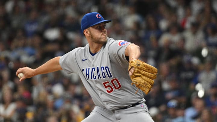 Sep 30, 2023; Milwaukee, Wisconsin, USA; Chicago Cubs starting pitcher Jameson Taillon (50) delivers Sep 30, 2023; Milwaukee, Wisconsin, USA; Chicago Cubs starting pitcher Jameson Taillon (50) delivers