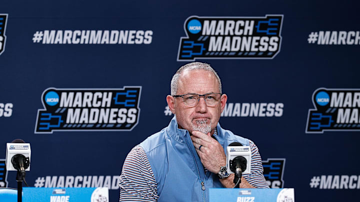 Mar 19, 2025; Denver, CO, USA; Texas A&M Aggies head coach Buzz Williams during a press conference at Ball Arena. Mandatory Credit: Isaiah J. Downing-Imagn Images