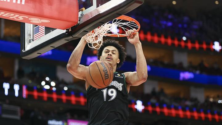 Apr 10, 2026; Houston, Texas, USA; Minnesota Timberwolves forward Joan Beringer (19) dunks the ball during the first quarter against the Houston Rockets at Toyota Center. Mandatory Credit: Troy Taormina-Imagn Images