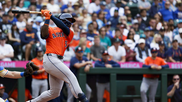 Houston Astros center fielder Taylor Trammell (26) hits a two-run double against the Seattle Mariners during the seventh inning at T-Mobile Park on July 20. 