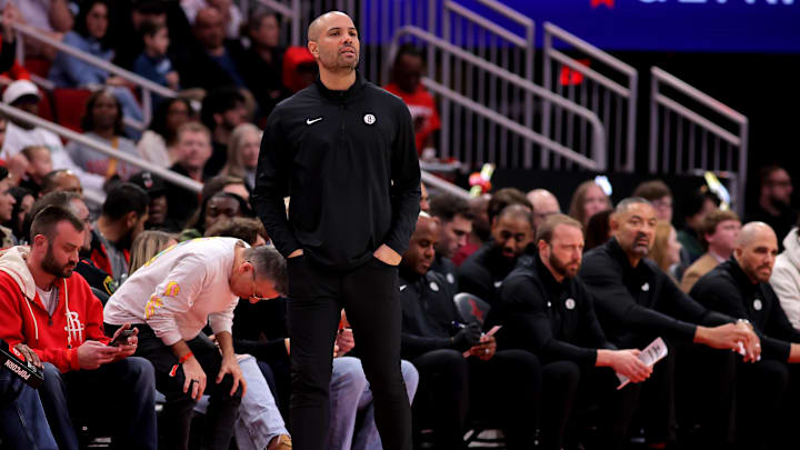 Feb 1, 2025; Houston, Texas, USA; Brooklyn Nets head coach Jordi Fernandez watches the action on the sideline against the Houston Rockets during the first quarter at Toyota Center. Mandatory Credit: Erik Williams-Imagn Images