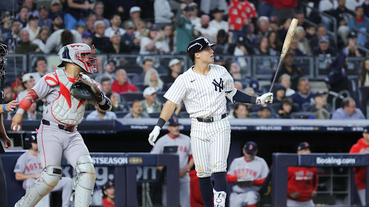 Oct 1, 2025; Bronx, New York, USA; New York Yankees shortstop Anthony Volpe (11) reacts after striking out during the sixth inning against the Boston Red Sox during game two of the Wildcard round for the 2025 MLB playoffs at Yankee Stadium. Mandatory Credit: Brad Penner-Imagn Images