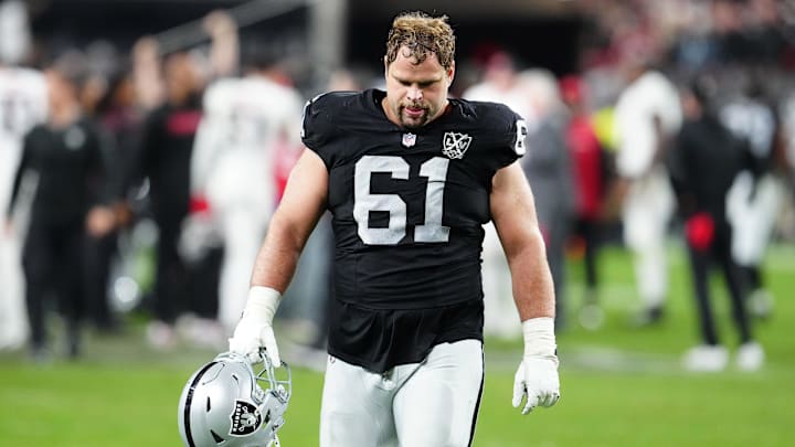 Dec 16, 2024; Paradise, Nevada, USA; Las Vegas Raiders guard Jordan Meredith (61) walks off the field after the Raiders were defeated by the Atlanta Falcons at Allegiant Stadium. Mandatory Credit: Stephen R. Sylvanie-Imagn Images