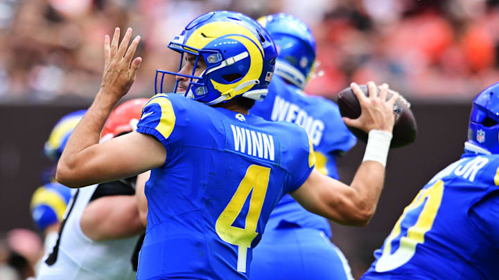 Aug 23, 2025; Cleveland, Ohio, USA; Los Angeles Rams quarterback Dresser Winn (4) throws a pass during the first half against the Cleveland Browns at Huntington Bank Field. Mandatory Credit: Ken Blaze-Imagn Images Aug 23, 2025; Cleveland, Ohio, USA; Los Angeles Rams quarterback Dresser Winn (4) throws a pass during the first half against the Cleveland Browns at Huntington Bank Field. Mandatory Credit: Ken Blaze-Imagn Images