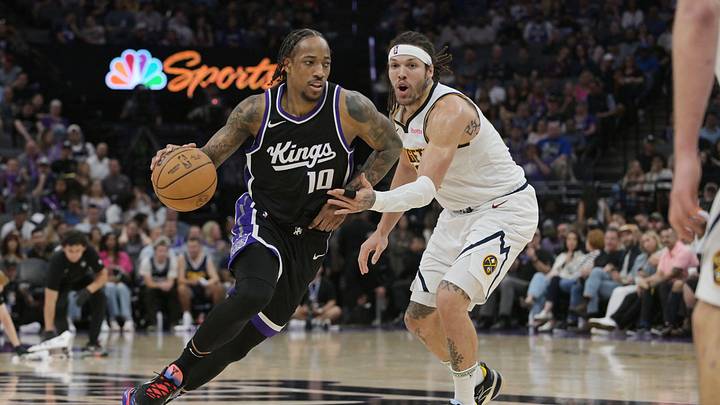 Apr 9, 2025; Sacramento, California, USA; Sacramento Kings forward DeMar DeRozan (10) drives to the basket against the Denver Nuggets during the third quarter at Golden 1 Center. Mandatory Credit: Ed Szczepanski-Imagn Images Apr 9, 2025; Sacramento, California, USA; Sacramento Kings forward DeMar DeRozan (10) drives to the basket against the Denver Nuggets during the third quarter at Golden 1 Center. Mandatory Credit: Ed Szczepanski-Imagn Images