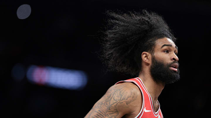 Jan 16, 2026; Brooklyn, New York, USA; Chicago Bulls guard Coby White (0) Mandatory Credit: Vincent Carchietta-Imagn Images