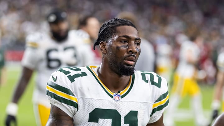 Oct 19, 2025; Glendale, Arizona, USA; Green Bay Packers cornerback Nate Hobbs (21) against the Arizona Cardinals at State Farm Stadium. Mandatory Credit: Mark J. Rebilas-Imagn Images