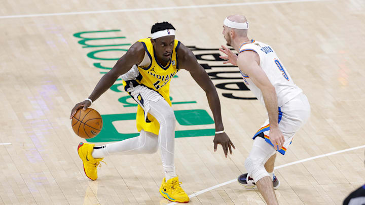 Jun 16, 2025; Oklahoma City, Oklahoma, USA; Indiana Pacers forward Pascal Siakam (43) looks to move the ball past Oklahoma City Thunder guard Alex Caruso (9) during the fourth quarter in game five of the 2025 NBA Finals at Paycom Center. Mandatory Credit: Alonzo Adams-Imagn Images