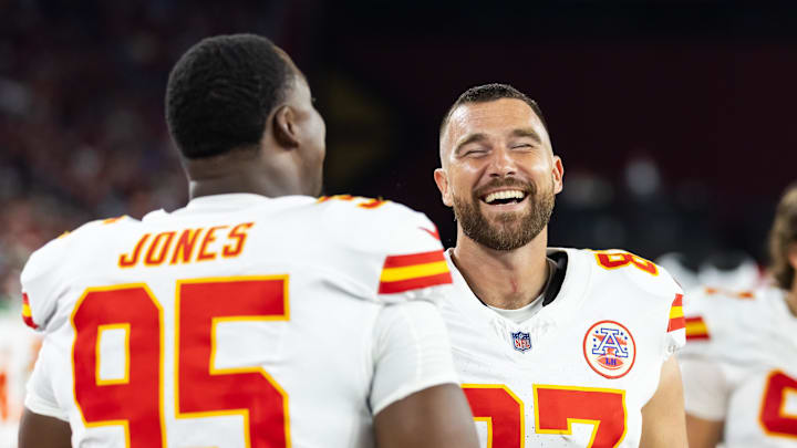 Aug 9, 2025; Glendale, Arizona, USA; Kansas City Chiefs defensive tackle Chris Jones (95) with tight end Travis Kelce (87) against the Arizona Cardinals during a preseason NFL game at State Farm Stadium. Mandatory Credit: Mark J. Rebilas-Imagn Images